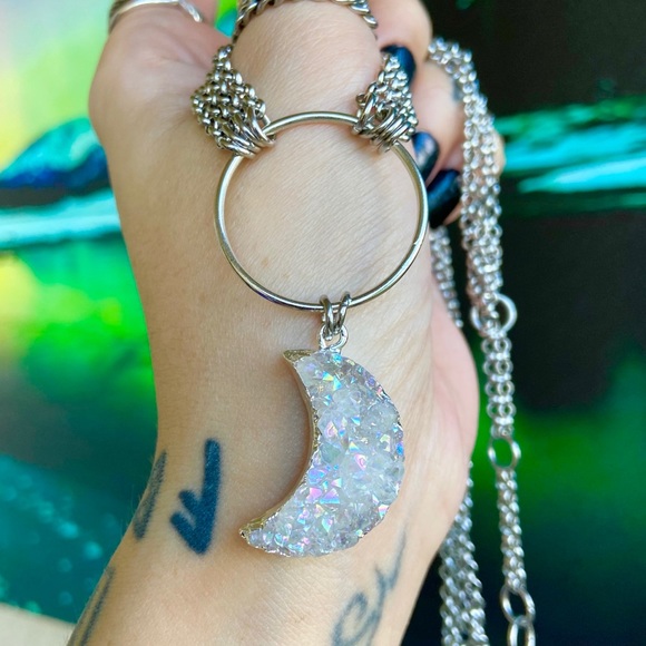 Moon crystal necklace . Stainless steel chains druzy aura quartz moon charm boho - Picture 5 of 15